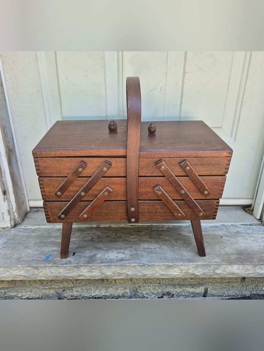 Vintage MCM Wooden Three Tier Cantilever/Accordion Sewing Box